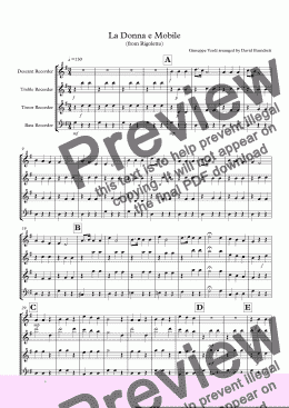 page one of La Donna e Mobile (from Rigoletto) for Recorder Quartet