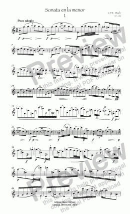 page one of Bach, CPE for solo flute Sonata a minor