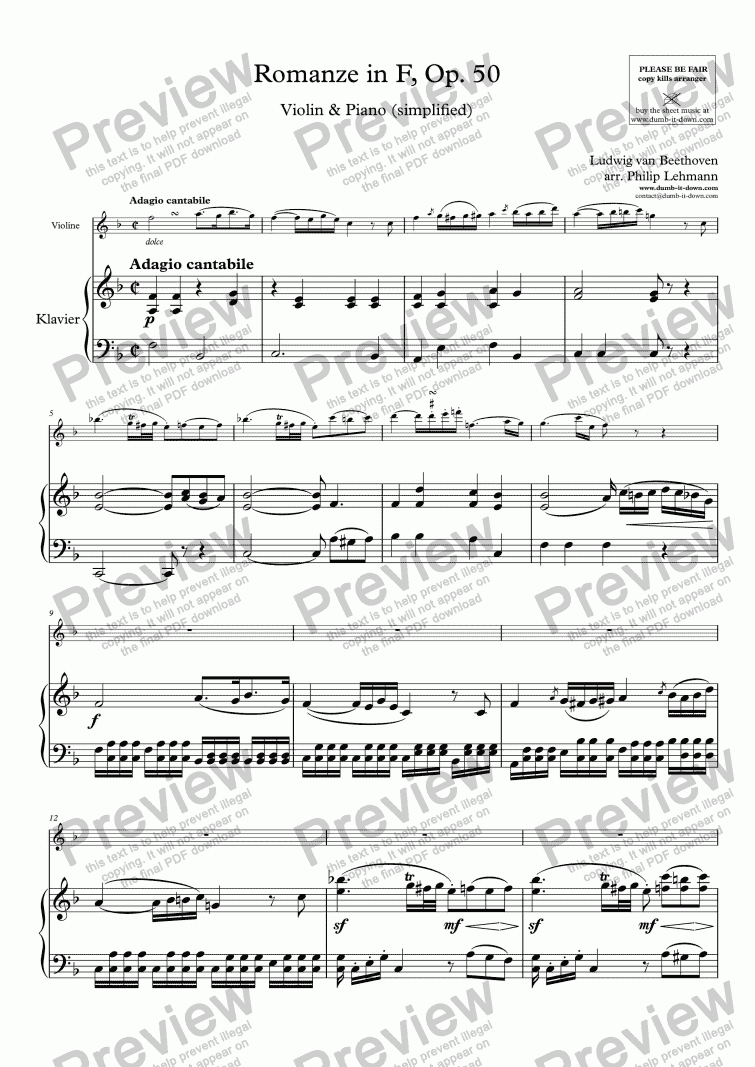 page one of Beethoven, L.v. - Romanze in F, Op. 50 - for Violin (orig.) & Piano (simplified)