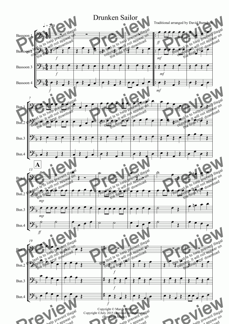 page one of Drunken Sailor for Bassoon Quartet