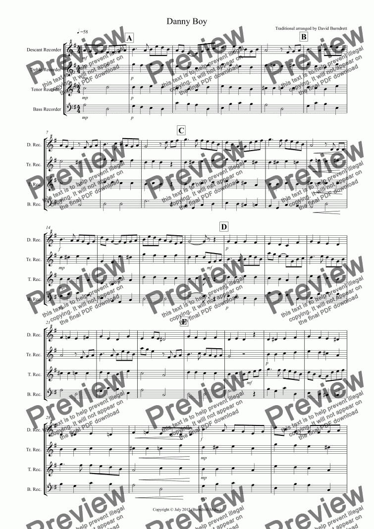 page one of Danny Boy for Recorder Quartet