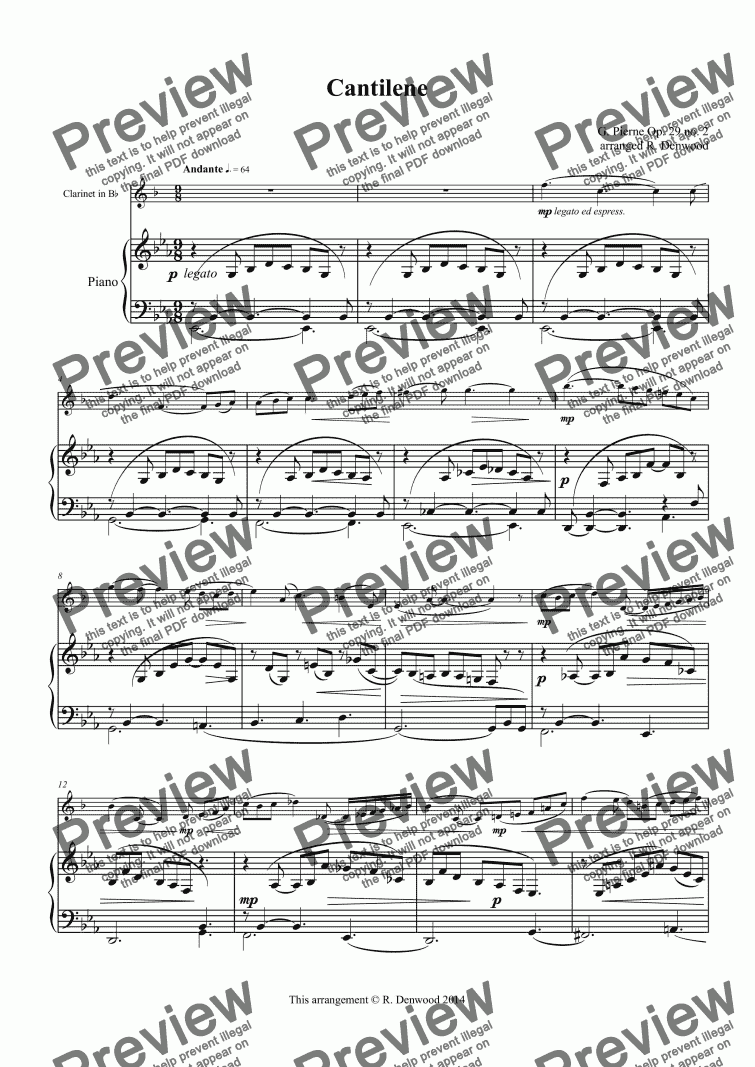 page one of Pierne - Cantilena (Op.29/2) for Bb clarinet and piano