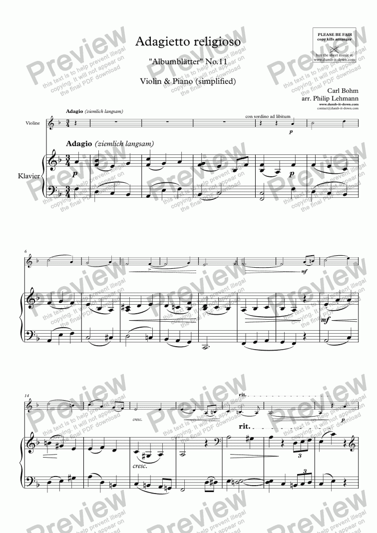 page one of Bohm, C. - Adagietto religioso ("Albumblätter" No.11) - for Violin (orig.) & Piano (simplified)