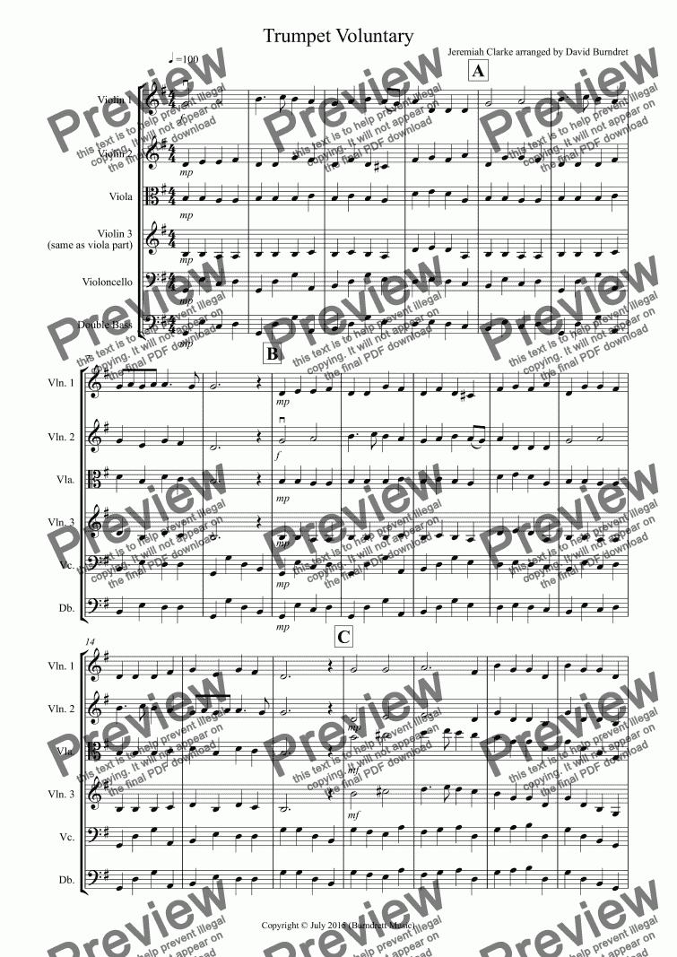 page one of Trumpet Voluntary for String Orchestra