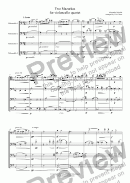 page one of Scriabin - TWO MAZURKAS- for cello quartet