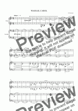 page one of Denwood - WASSAIL CAROL for 4 hand piano duet (a scene from "The Black Arrow" - Tunstall at Christmas)