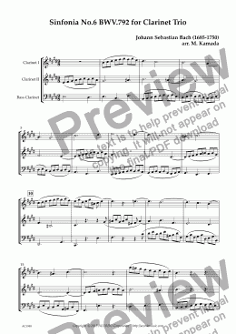 page one of Sinfonia No.6 BWV.792 for Clarinet Trio