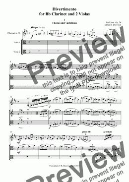 page one of Juon - Divertimento Op 34  for Bb Clarinet and 2 Violas (original instrumentation - in new edition) also available in Clarinet & Piano reduction (score exchange 171092).