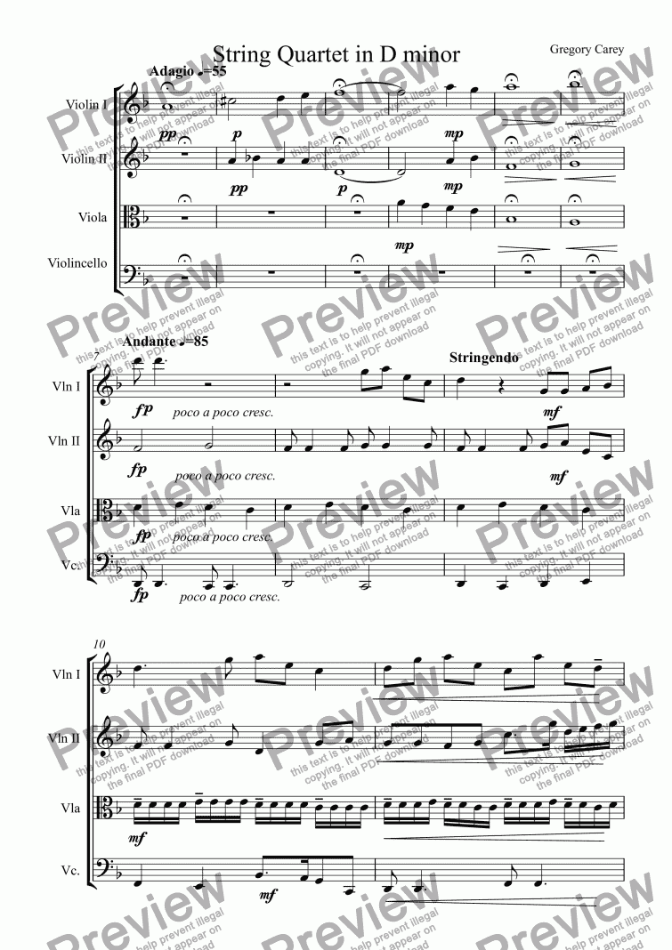 page one of String Quartet in D Minor