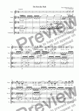 page one of Schubert: Du bist die Ruh, arranged for voice and string quartet
