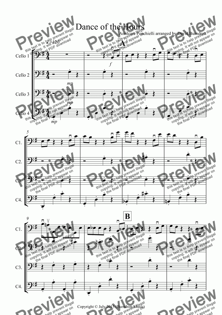 page one of Dance of the Hours for Cello Quartet
