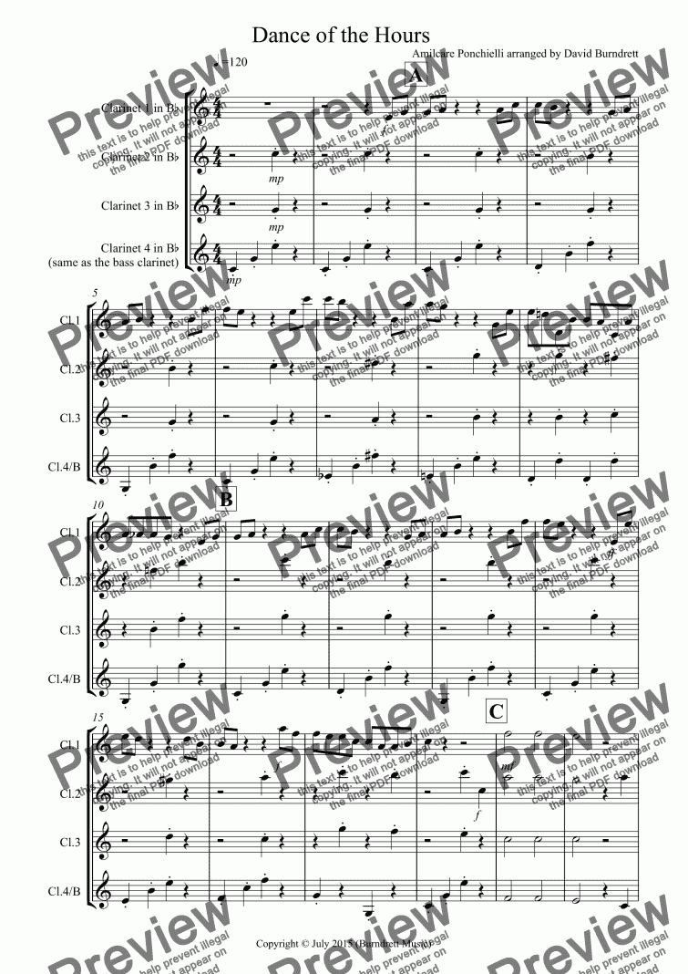 page one of Dance of the Hours for Clarinet Quartet