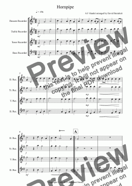page one of Hornpipe from Handel's Water Music for Recorder Quartet