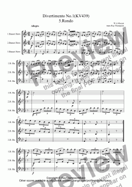 page one of Mozart: Divertimento No.1  Mvt.5. Rondo  (Five divertimenti for basset horn trio KV439) arr. Woodwind trio (clarinet, alto clt, bass clt, bassoon & basset horn)