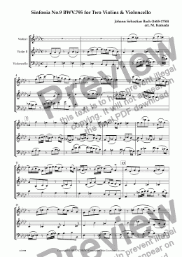 page one of Sinfonia No.9 BWV.795 for Two Violins & Violoncello