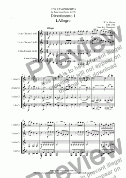 page one of Mozart: Divertimento No.1 (Complete): (Five divertimenti for basset horn trio KV439) arr. alto clarinet trio/opt bass clt.)