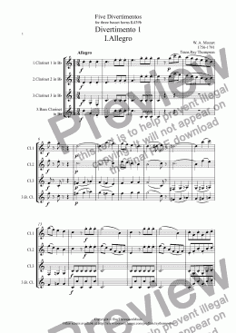 page one of Mozart: Divertimento No.1 (Complete): (Five divertimenti for basset horn trio KV439) arr. clarinet trio/opt bass clt.)
