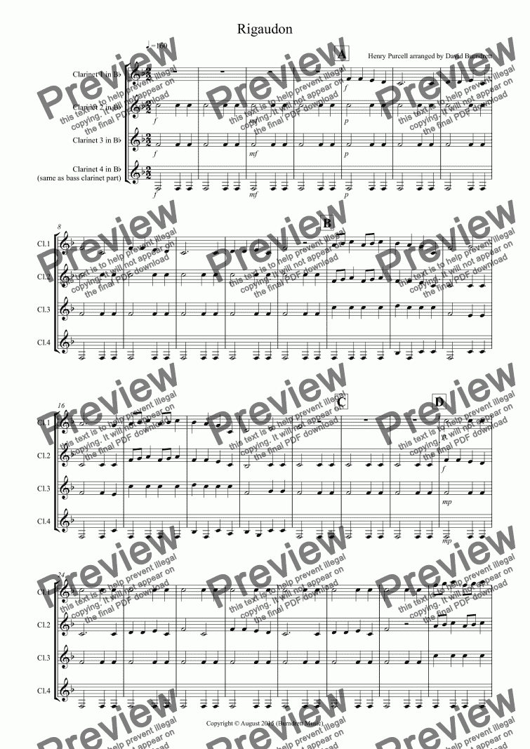 page one of Rigaudon by Purcell for Clarinet Quartet