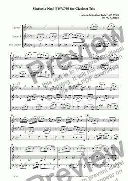 page one of Sinfonia No.9 BWV.795 for Clarinet Trio