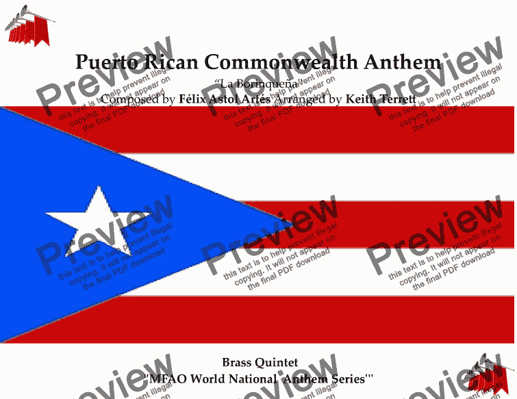 page one of Puerto Rican Commonwealth Anthem “La Borinqueña’’ for Brass Quintet (MFAO World National Anthem Series)