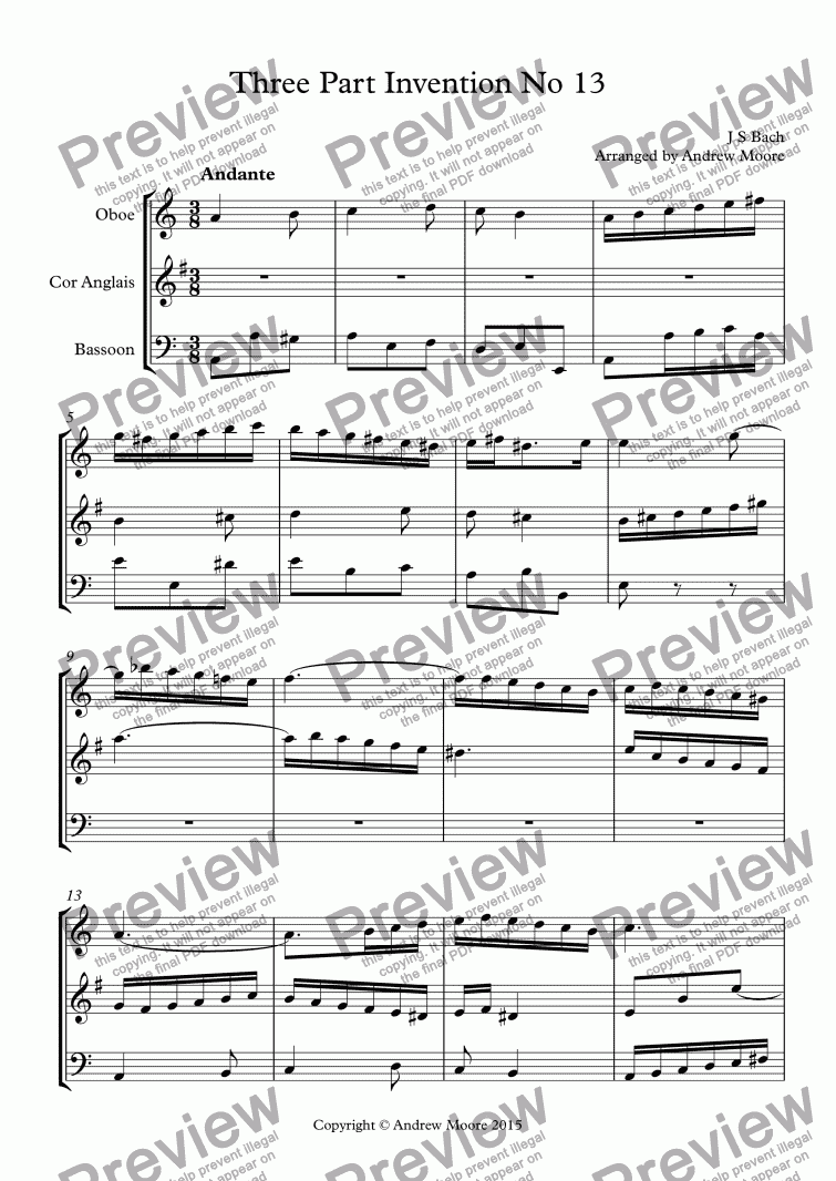 page one of Three Part Invention No 13 in A minor arranged for Wind Trio