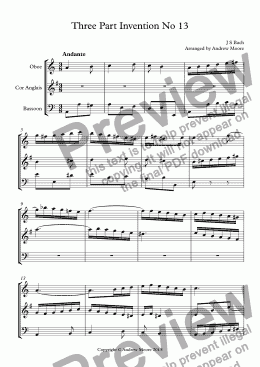 page one of Three Part Invention No 13 in A minor arranged for Wind Trio