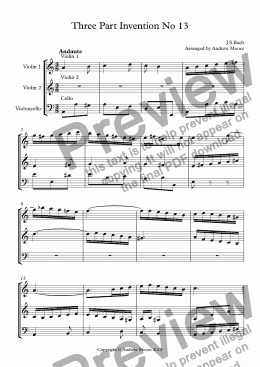 page one of Three Part Invention No 13 in A minor arranged for String Trio