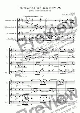 page one of Bach: Sinfonia No.11 in G min, BWV 797 (Three part Invention) arr. clarinet trio ( 2cl/bass clt with opt. 3rd clt)