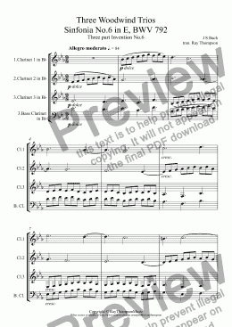 page one of Bach: Three Sinfonias (three part inventions) (Nos. 6, 8 & 11) arr. flexible woodwind trio