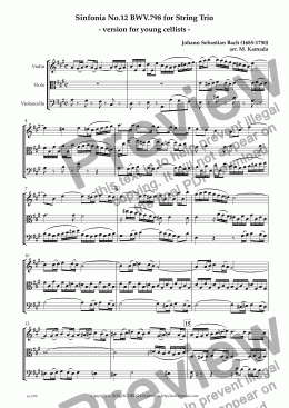 page one of Sinfonia No.12 BWV.798 for String Trio - version for young cellists -