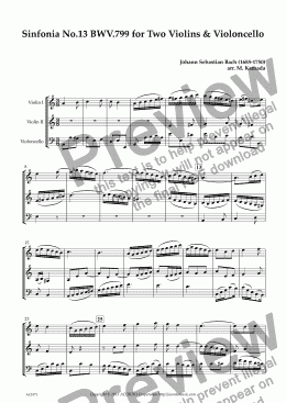 page one of Sinfonia No.13 BWV.799 for Two Violins & Violoncello
