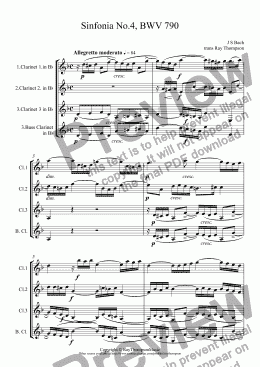 page one of Bach: Sinfonia (Three part Invention) No.4 in D min, BWV 790  arr. clarinet trio (2 Bb Cl/bass cl) opt 3rd cl part