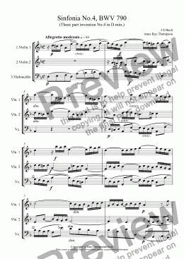 page one of Bach: Sinfonia No.4 in D min, BWV 790 (three part invention no.4) arr. flexible string trio 
