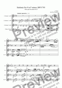 page one of Bach: Sinfonia (Three part Invention) No.9 in F minor, BWV795 arr. clarinet trio (2cl/bass clt with opt 3rd clt)