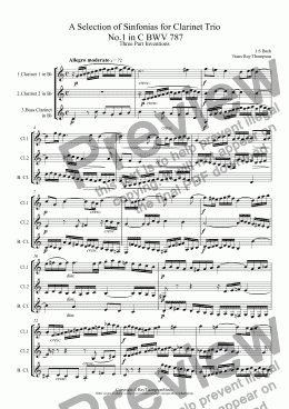 page one of Bach: "A Selection of Sinfonias " (Three part Inventions Nos.1,2,4,6,8,9 & 11.) arr. Clarinet Trio (2cl/bass cl: opt. 3rd cl)