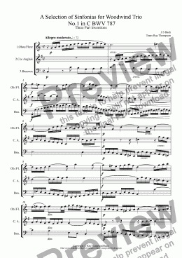 page one of Bach: A Selection of Sinfonias (Three part Inventions Nos.1,2,4,6,8,9 & 11) for Woodwind Trio (fl/ob, cor anglais & bassoon (opt cl/bs cl)