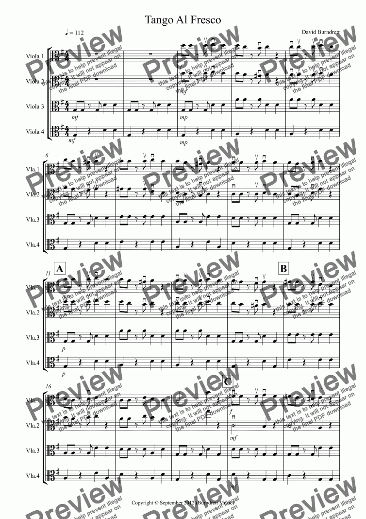 page one of Tango Al Fresco for Beginning Viola Quartet