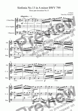 page one of Bach: Sinfonia No.13 in A minor (Three part invention No.13) BWV 799 arr.woodwind trio (oboe/flute, cor anglais, bassoon (opt cl/bass cl)