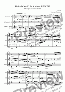 page one of Bach: Sinfonia (three part invention) No.13 in A minor BWV799 arr. clarinet trio