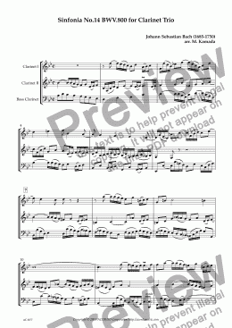 page one of Sinfonia No.14 BWV.800 for Clarinet Trio