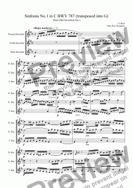 page one of Bach: Sinfonia (three part invention) No.1 in C BWV 787 (transposed into G) arr high recorder trio (DTT/SAT)