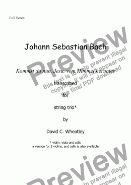 page one of Bach - Trio: Kommst du nun, Jesu - transcribed for violin, viola and cello by David Wheatley
