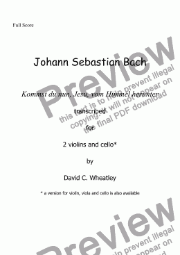 page one of Bach - Trio: Kommst du nun, Jesu - transcribed for 2 violins and cello by David Wheatley