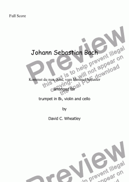 page one of Bach - Trio: Kommst du nun, Jesu - transcribed for trumpet, violin and cello by David Wheatley