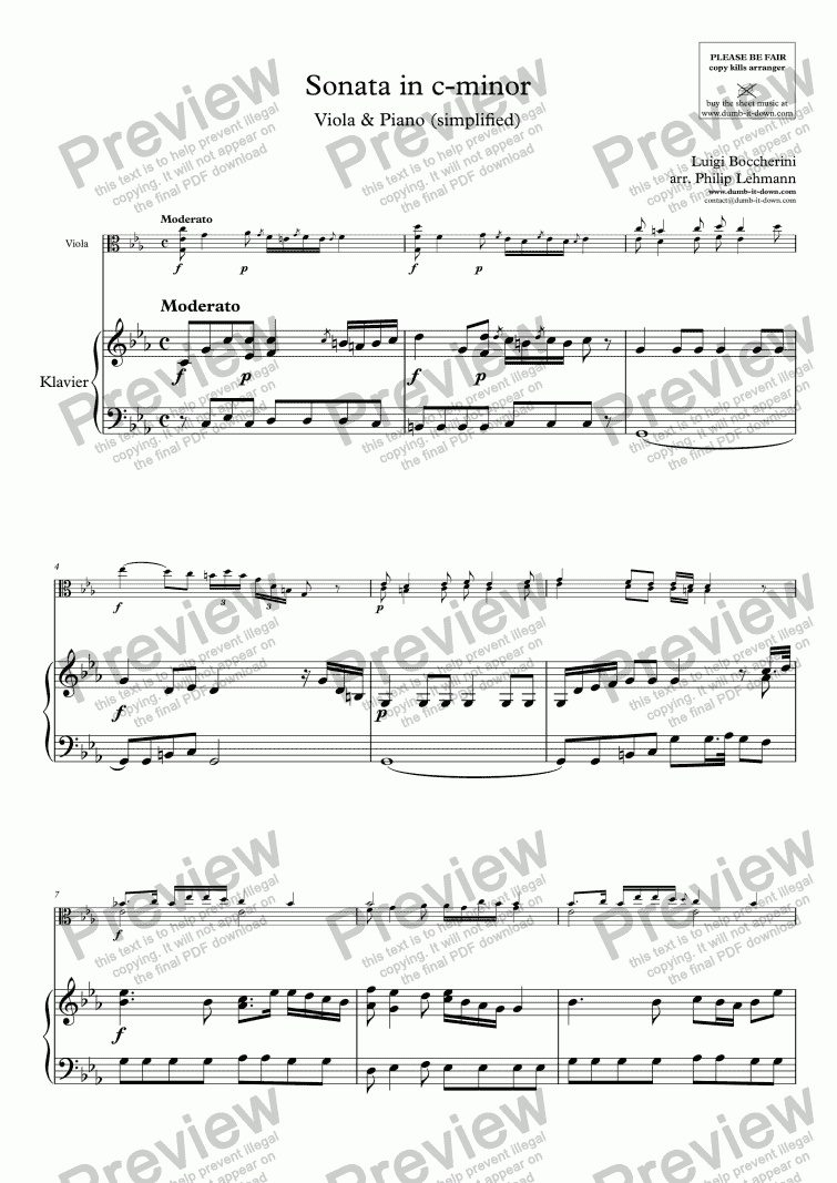 page one of Boccherini, L. - Sonata in c-minor - for Viola (orig.) & Piano (simplified)