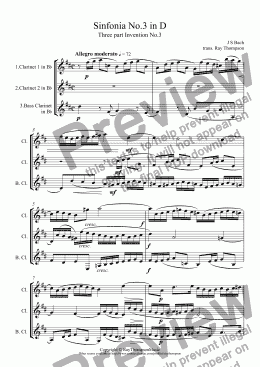 page one of Bach: Sinfonia (Three part Invention) No.3 in D arr.clarinet trio (2 Bb/bs.cl, opt. 3rd Bb)