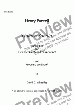 page one of Purcell ’Golden’ Trio Sonata transcribed for clarinet trio and keyboard by David Wheatley 