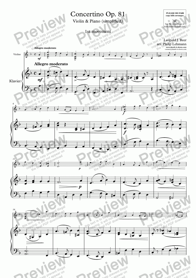 page one of Beer, L.J. - Concertino  Op. 81; 1st mov. - for Violin (orig.) & Piano (simplified)