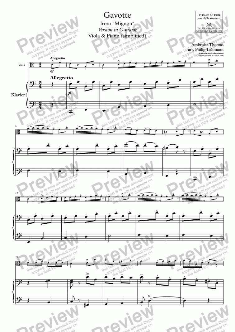 page one of Thomas, A. - Gavotte from Mignon - for Viola (orig.) & Piano (simplified)