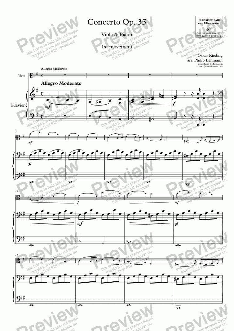 page one of Rieding, O. - Op.35, Concerto (in e); 1st mov. - for Viola (orig.) & Piano (simplified)